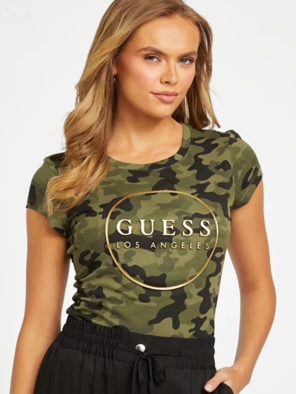 GUESS Olive Green Camo Logo Short Sleeve Tee